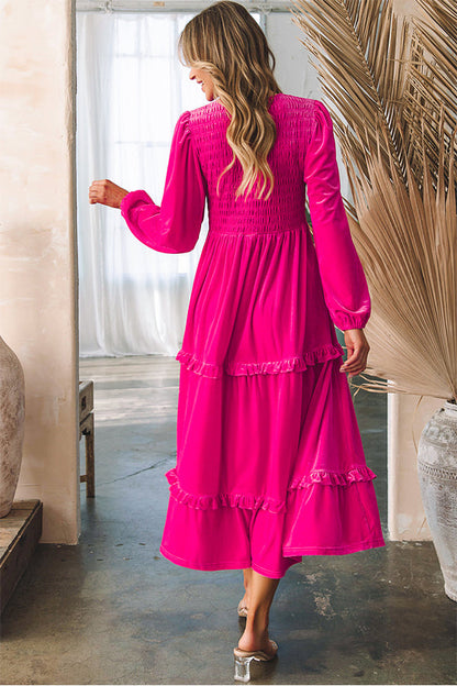Vestido de terciopelo de manga larga con escote en V fruncido 