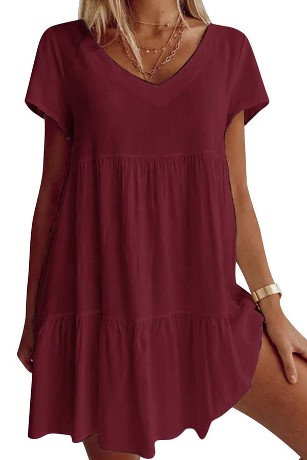 Vestido informal de mezcla de algodón con cuello en V y manga corta 