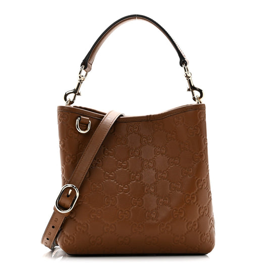 GG Calfskin Embossed Emblem Small Bucket Bag Brown