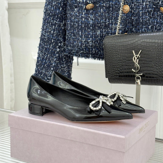 Jimmy Choo 26WF Pointed Toe Rhinestone Bow Chunky Heel Black in  Sheepskin 573540