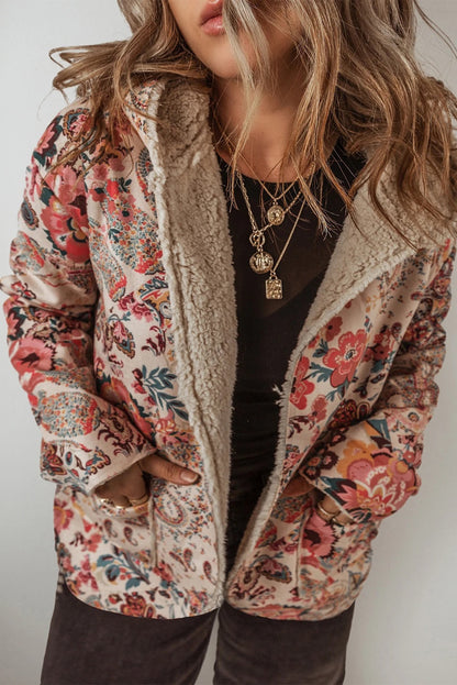 Chaqueta con capucha y forro de sherpa con estampado floral vintage de cachemira en beige