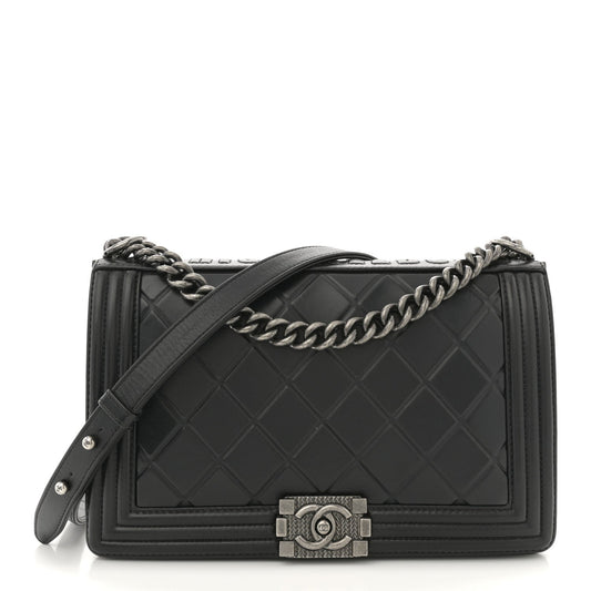 Calfskin Embossed New Medium Paris Salzburg Boy Flap Black