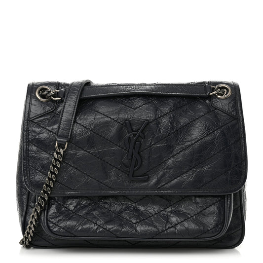 Crinkled Calfskin Matelasse Monogram Medium Niki Chain Satchel Deep Marine
