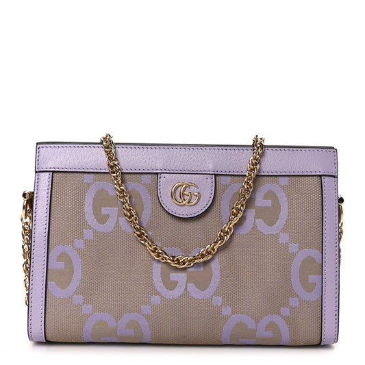 Monogram Jumbo GG Textured Dollar Calfskin Small Ophidia Chain Shoulder Bag Beige Lapis