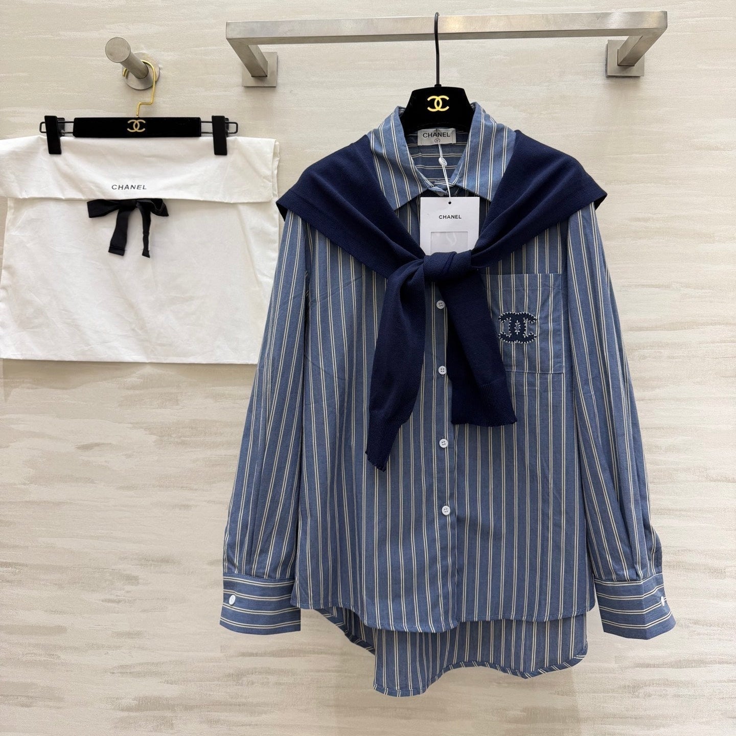 CC Striped Shirt & Knitted Shawl Blue White Cotton 344723