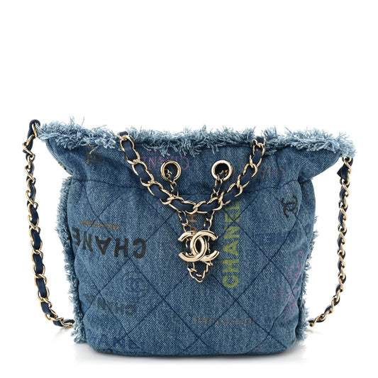 Denim Quilted Small Mood Bucket With Chain Blue Multicolor