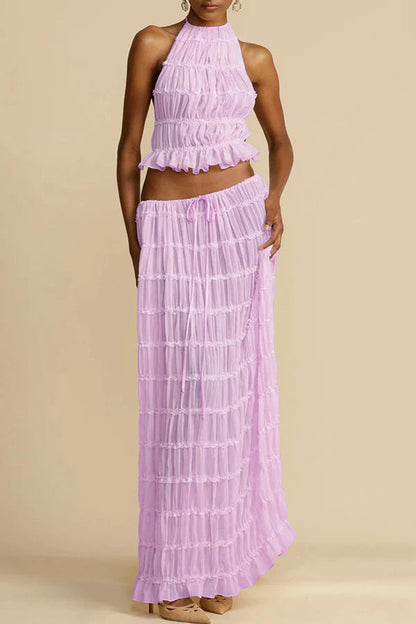Pasión y Romance - Camiseta de tirantes elásticos con espalda plisada y cuello halter ajustable 