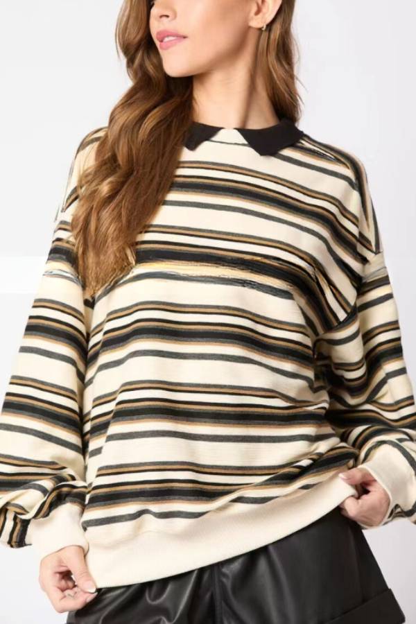 Sudadera informal holgada de manga larga con solapa a rayas 