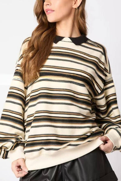 Sudadera informal holgada de manga larga con solapa a rayas 