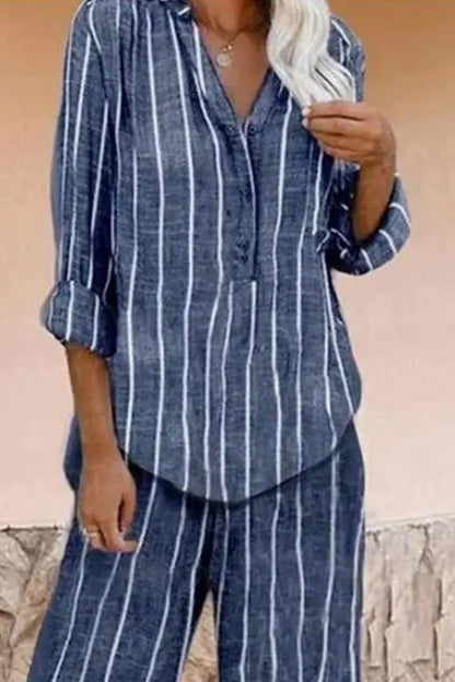 Conjunto informal de camisa holgada de manga larga con estampado a rayas