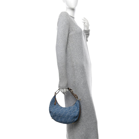 Denim Vitello Grace Mirror Logo Small Fendigraphy Hobo Bag Denim Sand