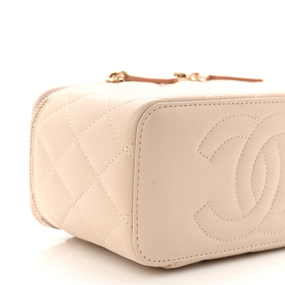 Lambskin Quilted Small Top Handle Vanity Case With Chain Ecru Dark Beige