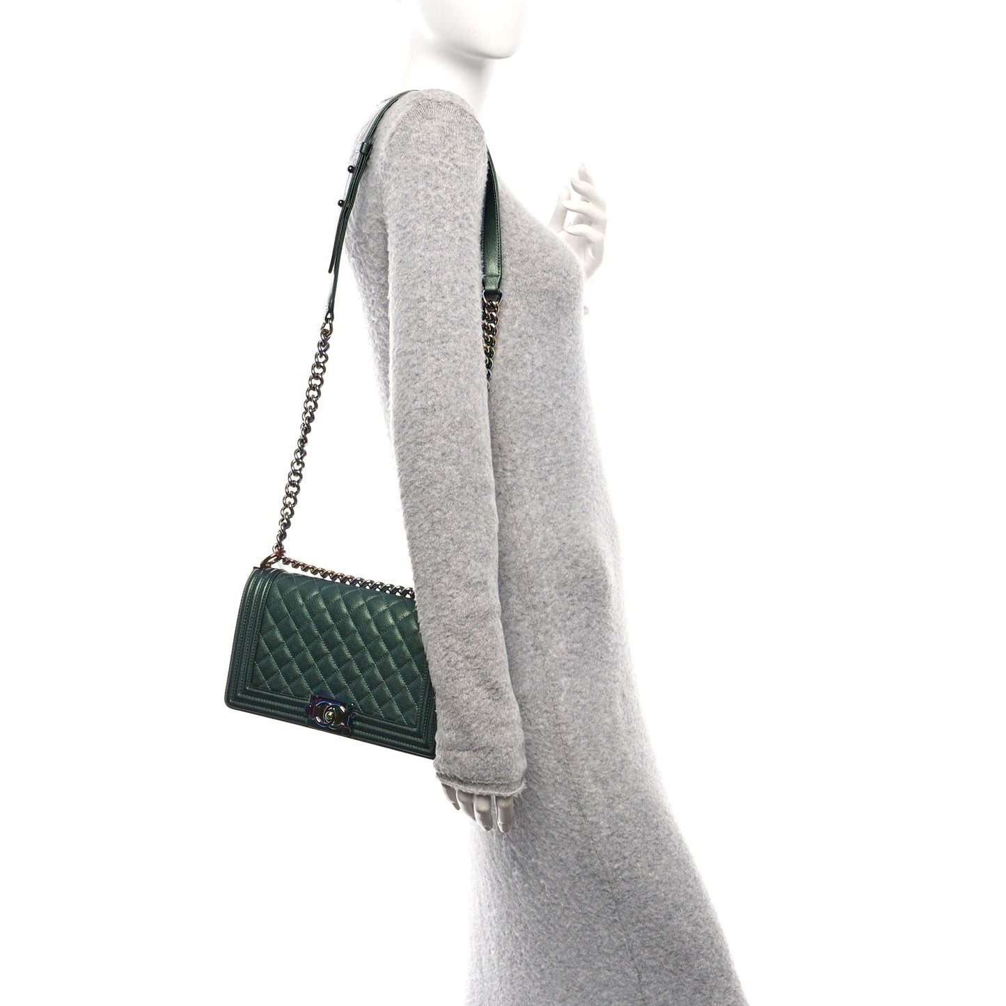 Iridescent Goatskin Quilted Medium Boy Flap Green