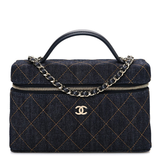 Denim Quilted Top Handle Slim Vanity Case With Chain Dark Blue Orange
