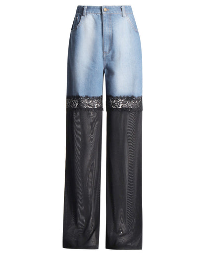 Mid-Waist Lace Stitching Sexy Denim Wide-Leg Pants