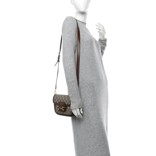 GG Supreme Monogram Web Mini Horsebit 1955 Shoulder Bag Beige Brown Sugar