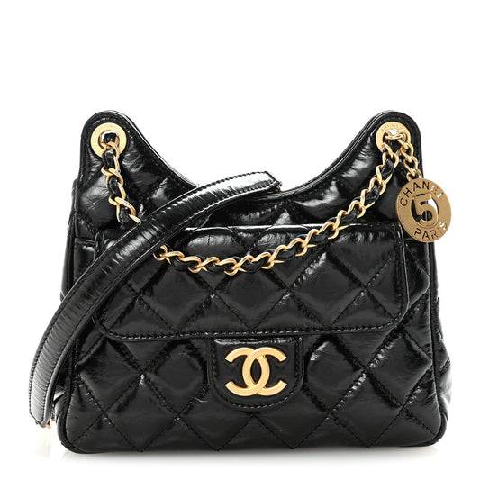 Shiny Crumpled Calfskin Quilted Small Wavy CC Hobo Black