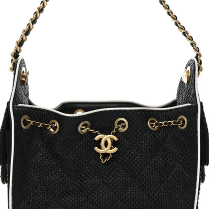 Braided Raffia Calfskin Quilted Mini Chanel 25 Handbag Black White