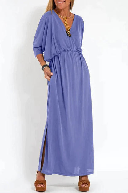 Vestido largo con abertura y bolsillos, manga corta y cintura elástica, comodidad suprema