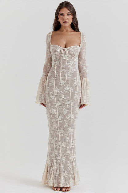 Lace Strapless Flare Sleeve Backless Bodycon Maxi Dress