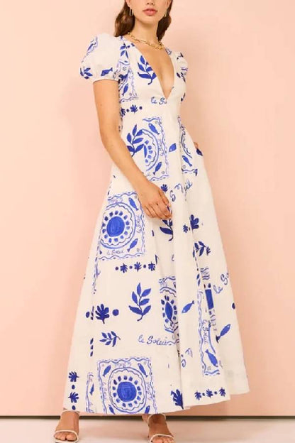 Vestido largo con bolsillos, mangas abullonadas y estampado único en mezcla de lino Embrace The Glamour