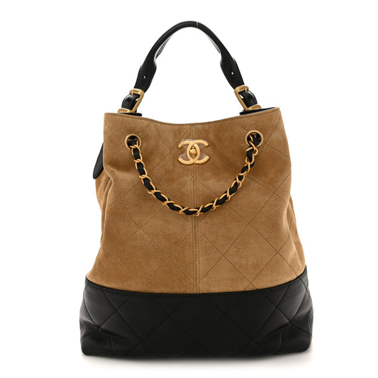 Suede Calfskin Shiny Lambskin Quilted Shopping Bag Beige Black