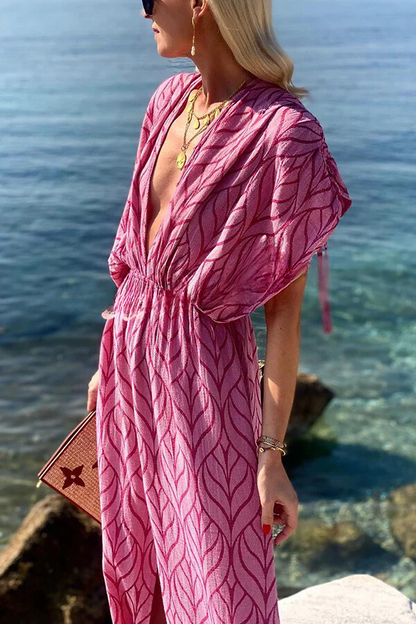 Vestido largo playero estilo kimono con diseño de cordón estampado