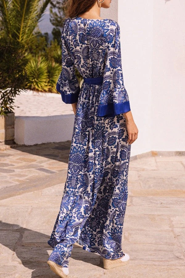 Vestido largo cruzado con cinturón y borlas con estampado floral único de satén de isla griega 