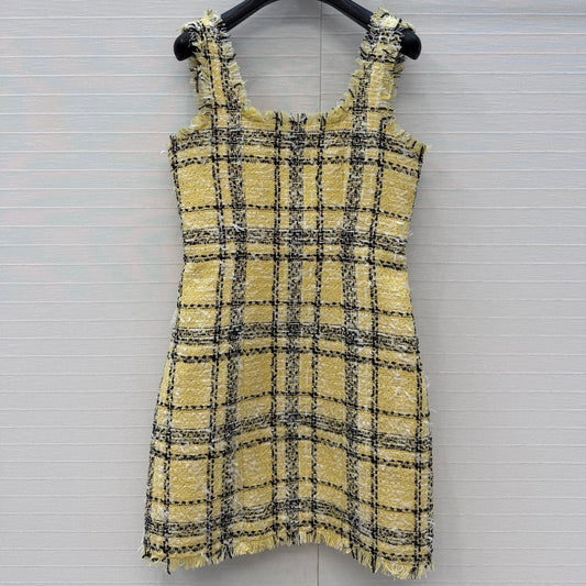 Balmain 26s Slip Dress Yellow Black Tweed 346071