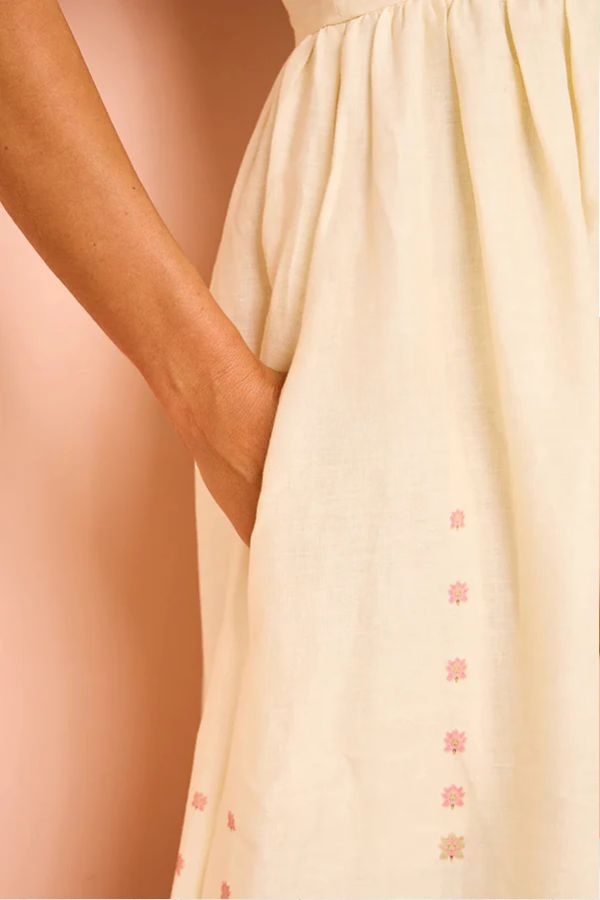 Vestido largo holgado con tirantes y bolsillos, estampado único en mezcla de lino Paradise Flowers