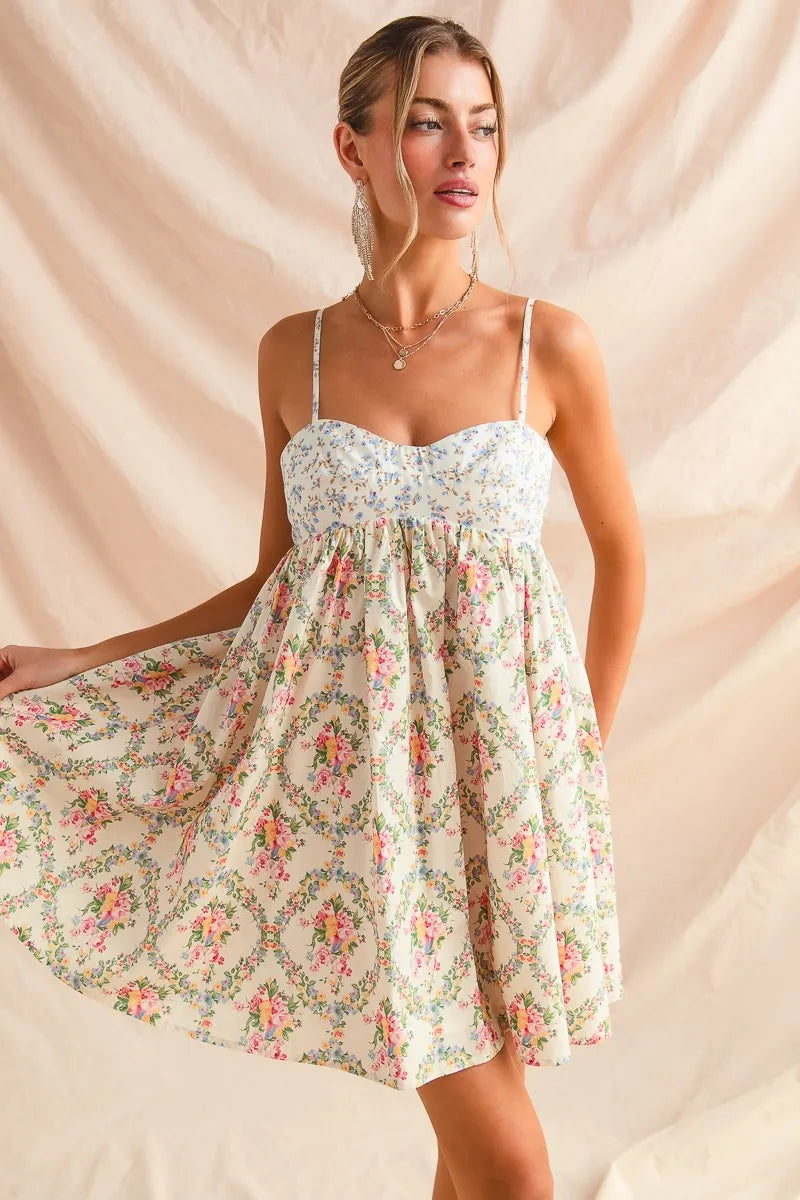 SO ME Mixed Floral Print Sleeveless Mini Dress