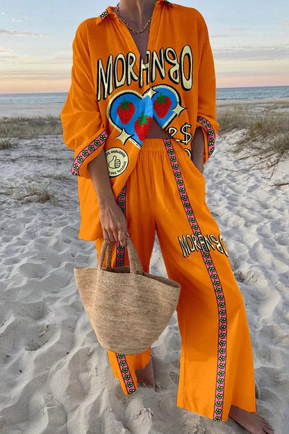 Conjunto de camisa extragrande con estampado de fresas y pantalones con bolsillo en la cintura elástica