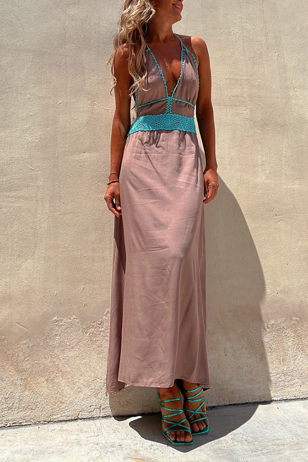 Vestido de verano sin mangas con encaje, escote en V profundo y espalda descubierta