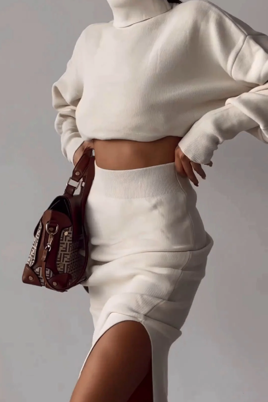 Elegante conjunto de dos piezas de suéter de cuello alto con dobladillo dividido