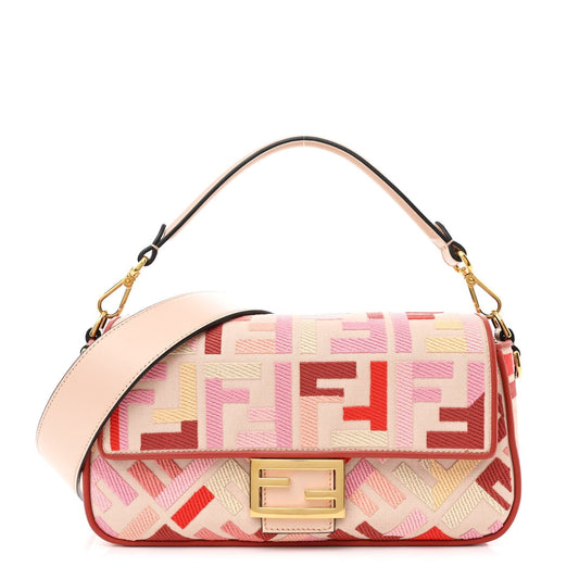 Canvas Vitello King FF Embroidered Baguette Rosa Quarzo Bloody Mary Multicolor