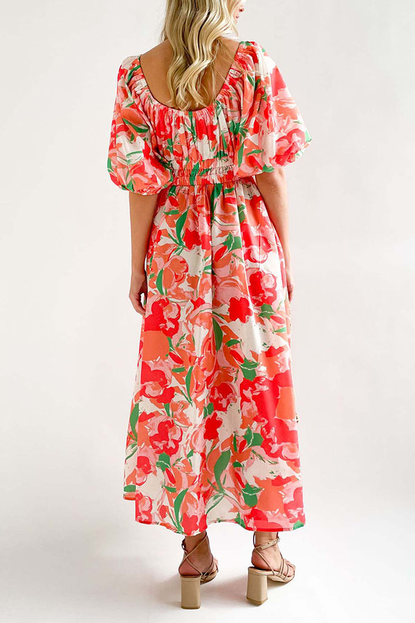 Elegante vestido largo con cuello cuadrado y mangas abullonadas estampadas 