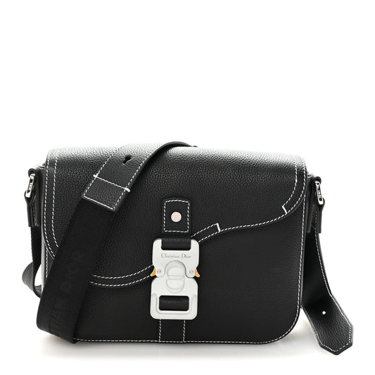 Grained Calfskin Medium Saddle Messenger Bag Black