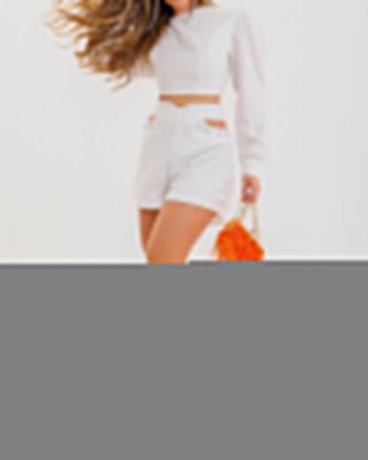 Long-Sleeved Shirt Hollow High Waisted Shorts Casual Suit