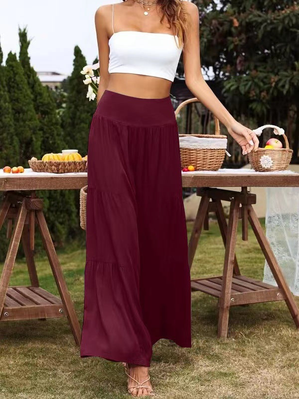 Pantalones casuales de cintura alta de algodón y lino con pierna ancha para mujer