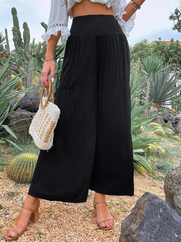 Pantalones casuales de cintura alta de algodón y lino con pierna ancha para mujer