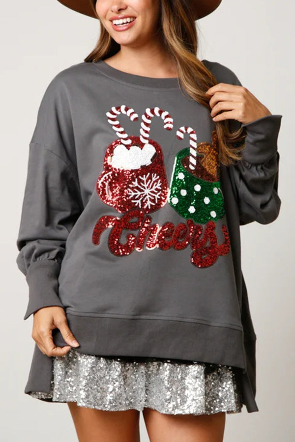 Sudadera informal holgada con lentejuelas y taza de dulces navideños