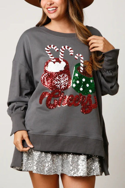 Sudadera informal holgada con lentejuelas y taza de dulces navideños