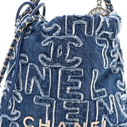 Washed Denim Logo Embroidered Mini Chanel 22 Blue