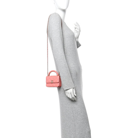 Lambskin Quilted Top Handle Flap Clutch With Chain Pink