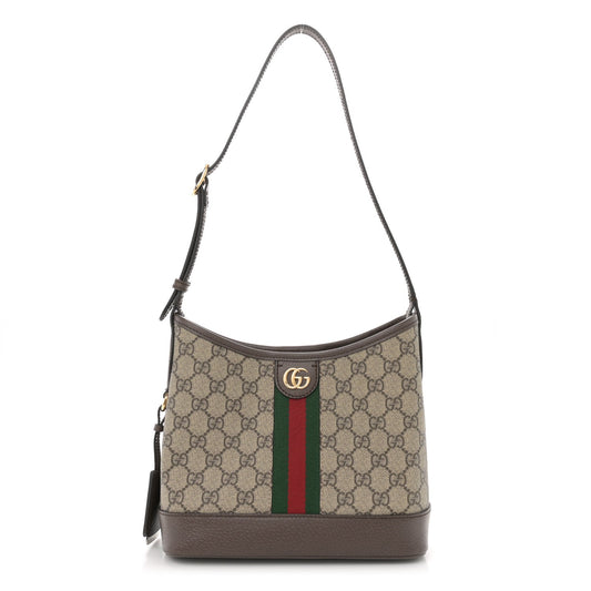 GG Supreme Monogram Textured Dollar Calfskin Web Small Ophidia Bucket Shoulder Bag Beige Ebony New Acero