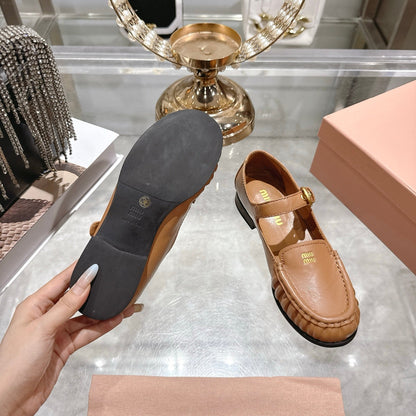 Miu Mary Jane Ballet Flats Camel Brown Calfskin 592045