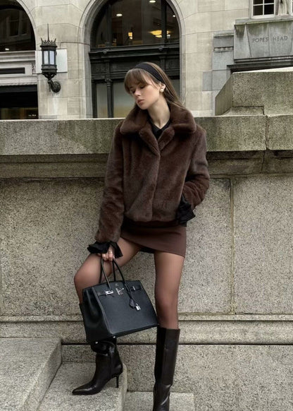Plush Faux Fur Short Coat – Dark Brown