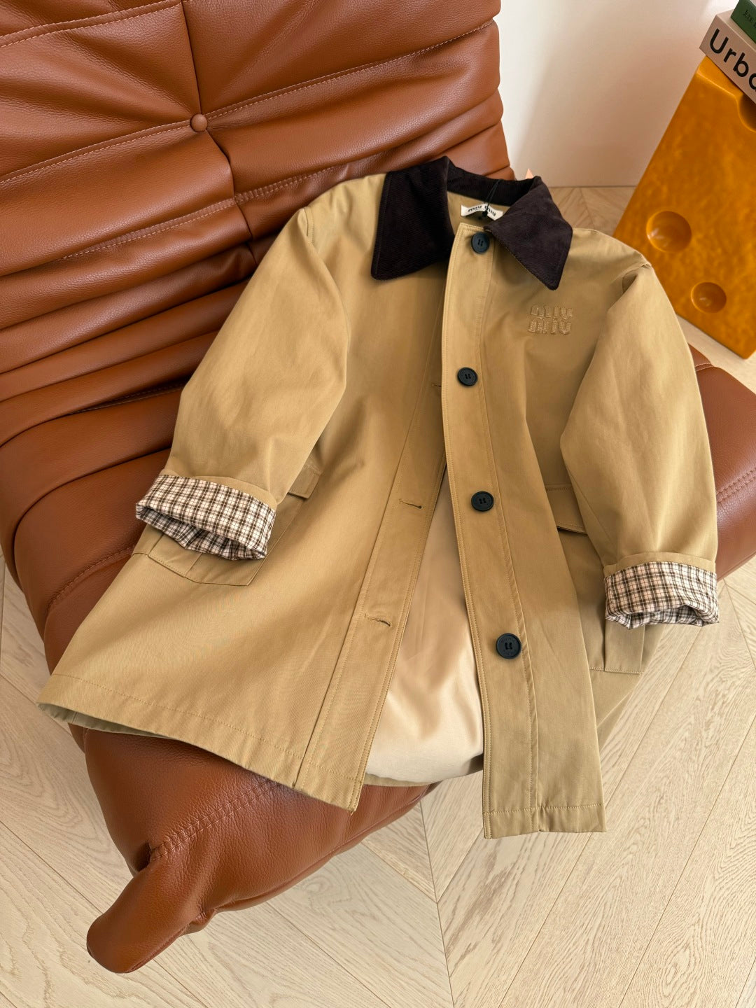 Miumiu Mid-Length Corduroy Collar Trench Coat Beige Cotton