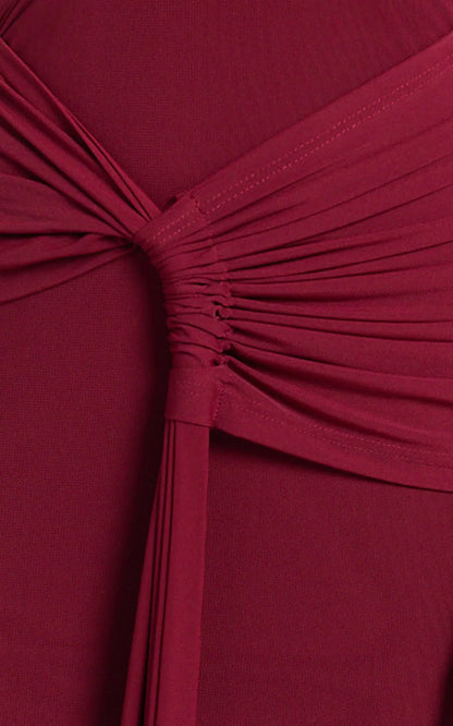 Mandy Midi Dress - Knot Detail Cut Out Mesh Dress in Wine