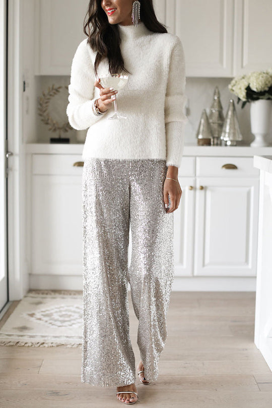 Pantalones de fiesta de tiro alto y pierna ancha con lentejuelas Special Treat 